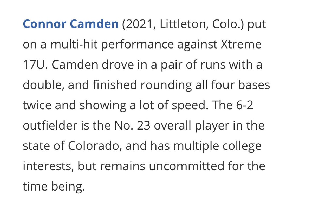 USA Prime Colorado 2021 (@usaprime2021) on Twitter photo #2 ranked OF in the 2021 class in CO <a href="/camden_connor/">Connor Camden Bechina</a> getting some love from <a href="/PG_Scouting/">Perfect Game Scout</a>! <a href="/USAPrimeRecruit/">USA Prime Recruiting</a> <a href="/FlatgroundBats/">FLATGROUND Hitting</a> #uncommitted #2 ranked OF in the 2021 class in CO <a href="/camden_connor/">Connor Camden Bechina</a> getting some love from <a href="/PG_Scouting/">Perfect Game Scout</a>! <a href="/USAPrimeRecruit/">USA Prime Recruiting</a> <a href="/FlatgroundBats/">FLATGROUND Hitting</a> #uncommitted