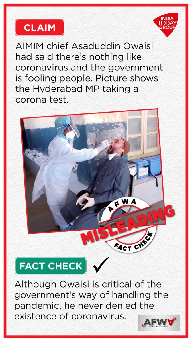 IndiaToday's tweet photo. India Today Anti Fake News War Room (AFWA) has found the claim along with the picture to be misleading. We did not find any such statement by Owaisi.
#AFWAFactCheck #FactCheck #CoronaFactCheck https://t.co/iHhYy8UkkL