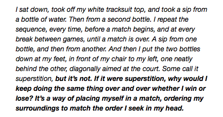 I forgot about this incident until recently when I came across an interesting passage in Rafael Nadal’s autobiography where he describes his routine just before a match –  https://amzn.to/38XPlyY 