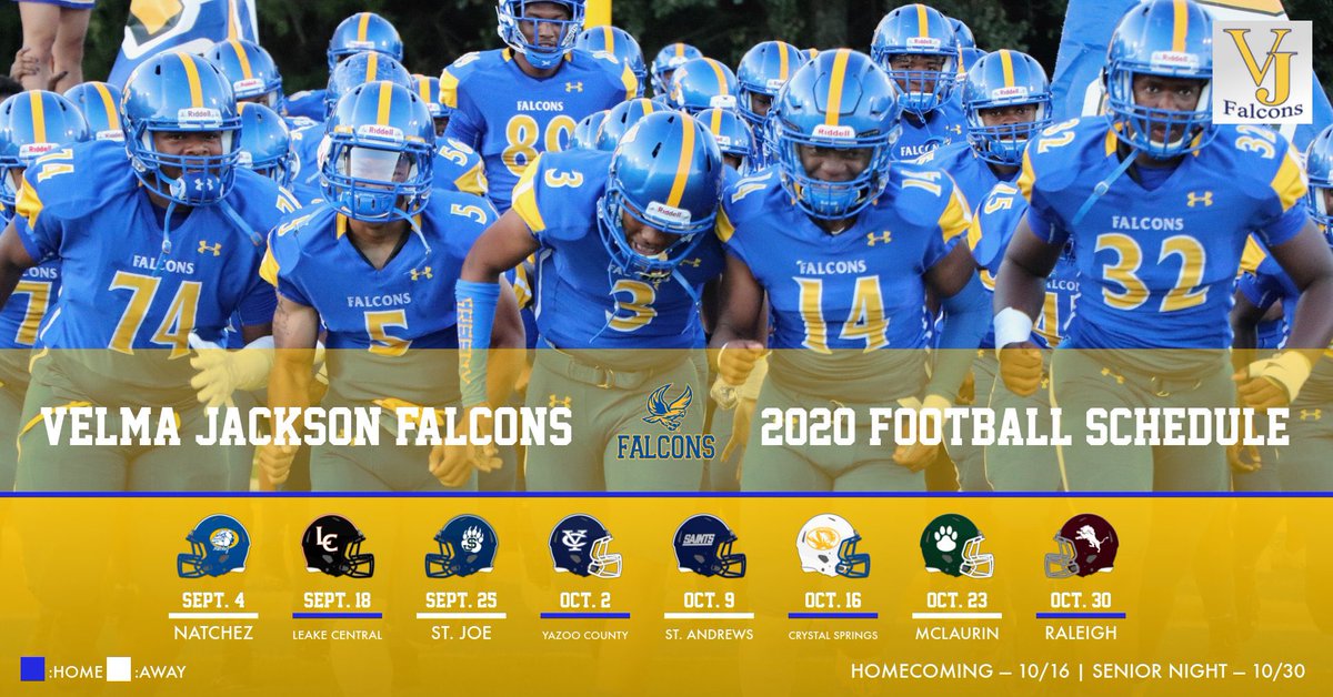 VJ_Athletics's tweet photo. RELEASE: The 2️⃣0️⃣2️⃣0️⃣ Velma Jackson High School Revised  Football Schedule 💙💛🏈🦅

Due to the coronavirus pandemic, the Mississippi High School Activities Association has announced a revised football schedule for the 2020 football season. 🏈🏈 https://t.co/pYQVN3C2Iq