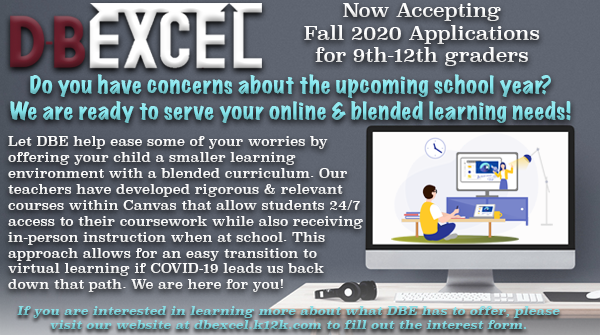 KCS_DBEXCEL's tweet photo. Families are facing many decisions as we enter this school year. Let DBE help those worries by offering a blended curriculum. This allows for an easy transition 2 virtual learning if COVID leads us back down that path. If interested in DBE, fill the form @ https://t.co/8OGsblgd73 https://t.co/NrzbPd9653