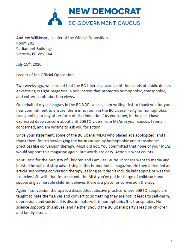 SChandraHerbert's tweet photo. if there's no room for homophobia and transphobia in your party @Wilkinson4BC you need to act. Action means more than words. Start with your MLA who believes there's space for anti LGBTQ conversion therapy. https://t.co/8doKTcOIPG