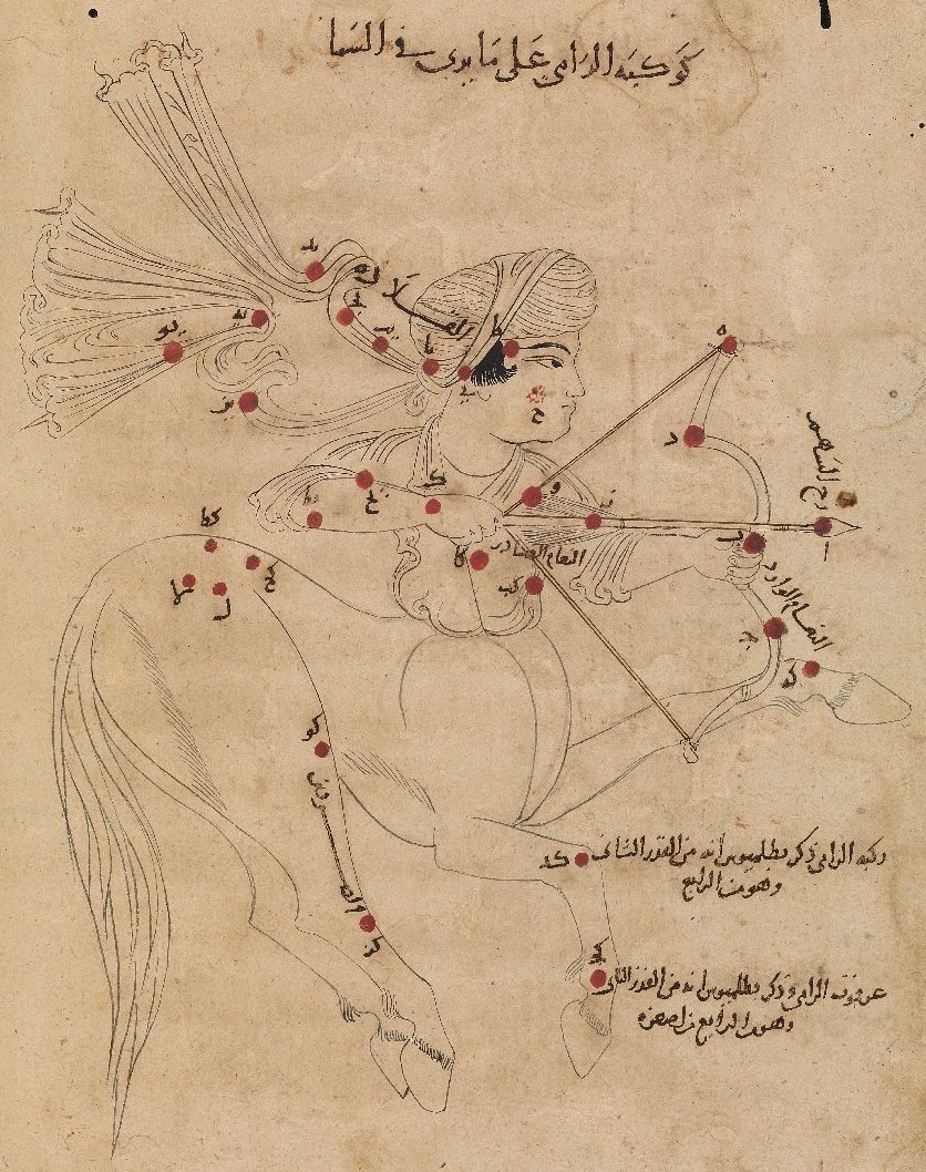 Compare the image from the Kitab al Bulhan (left) where Sagittarius is slaying his own tail (representing the fall of the Head of the Dragon) to the classic centaur from Al Sufi’s Kitab Suwar al Kawakib al Tabita from Bodleian LibraryThe dragon represents the lunar nodes