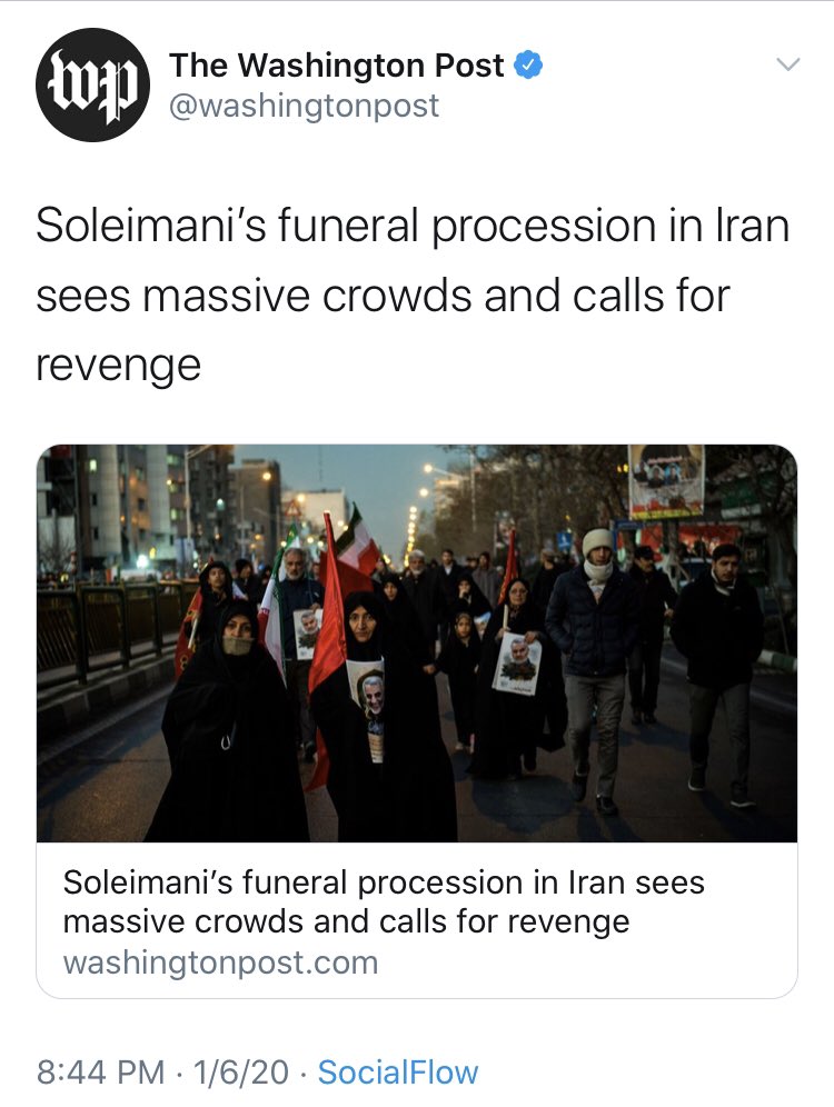 They’re far from alone. For  @washingtonpost, Soleimani received a “massive display of grief and solidarity” whereas Weiss “attracted considerable controversy”