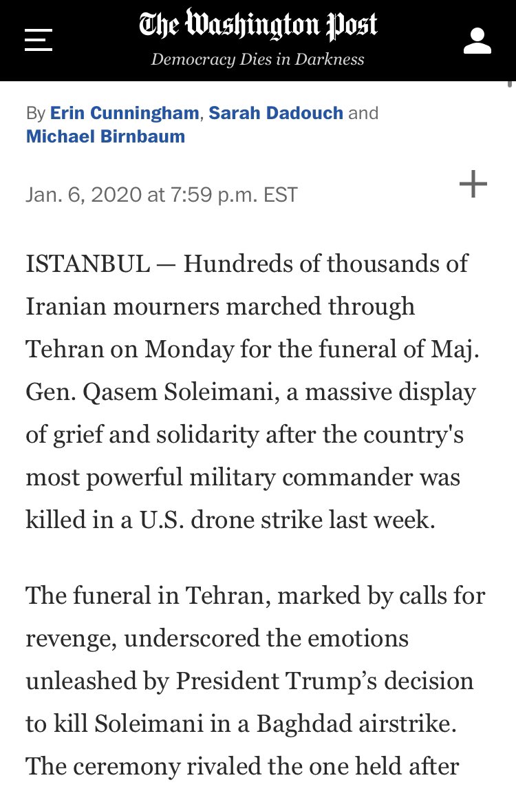 They’re far from alone. For  @washingtonpost, Soleimani received a “massive display of grief and solidarity” whereas Weiss “attracted considerable controversy”