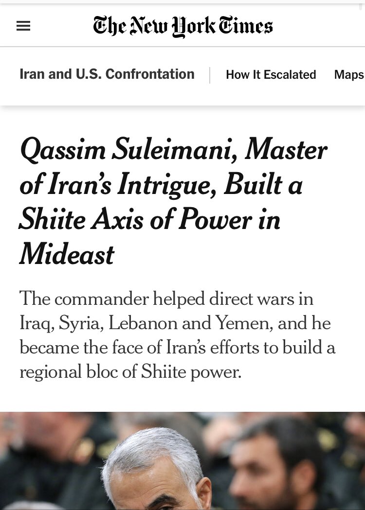 I am less than surprised to see  @nytimes, Weiss’s former employer, added to the list. Soleimani was the “master of Iran’s intrigue” who “built a Shiite axis of power” whereas Weiss “has been known to question aspects of social justice movements.”