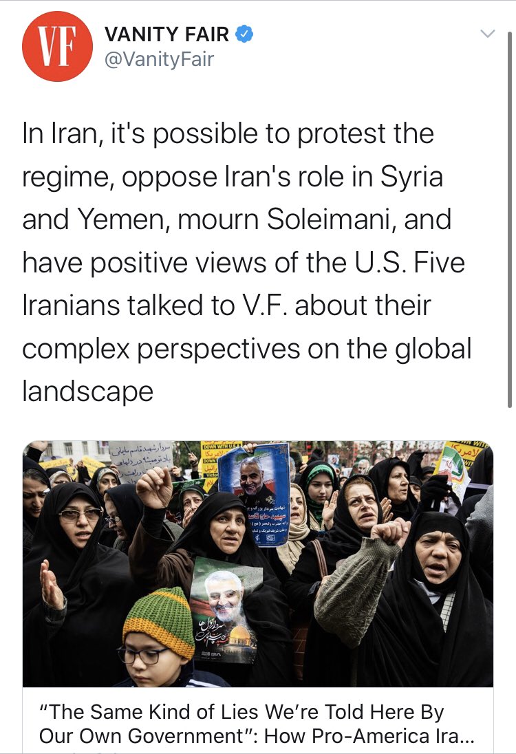  @VanityFair may be my favorite. Soleimani was “assassinated” and is justly being mourned, whereas “for Bari Weiss it was bound to end like this”