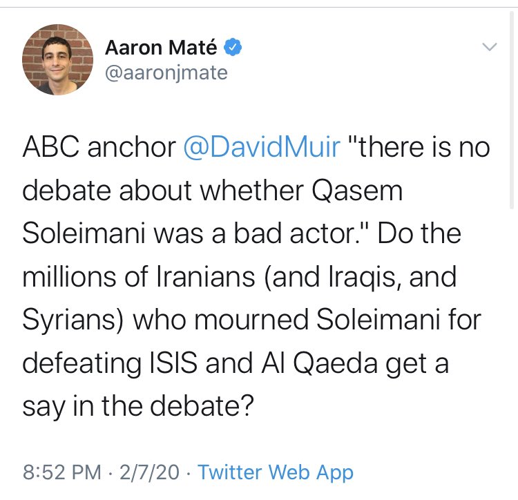  @aaronjmate thinks we need to expand our perspectives on whether Soleimani was a “bad actor” and not someone who was deservedly mourned. Weiss apparently does not deserve that same level of nuance.