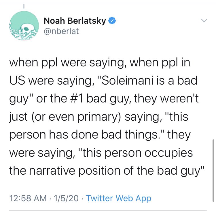 And the galaxy brains chimed in on Twitter.  @nberlat is concerned that Soleimani is painted as someone who “occupies the narrative position of the bad guy” but Weiss is leaving because “no one else will tolerate her shoddy work and mistreatment of other staff.”