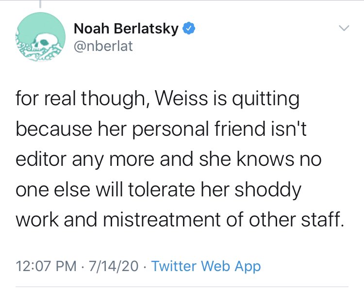 And the galaxy brains chimed in on Twitter.  @nberlat is concerned that Soleimani is painted as someone who “occupies the narrative position of the bad guy” but Weiss is leaving because “no one else will tolerate her shoddy work and mistreatment of other staff.”