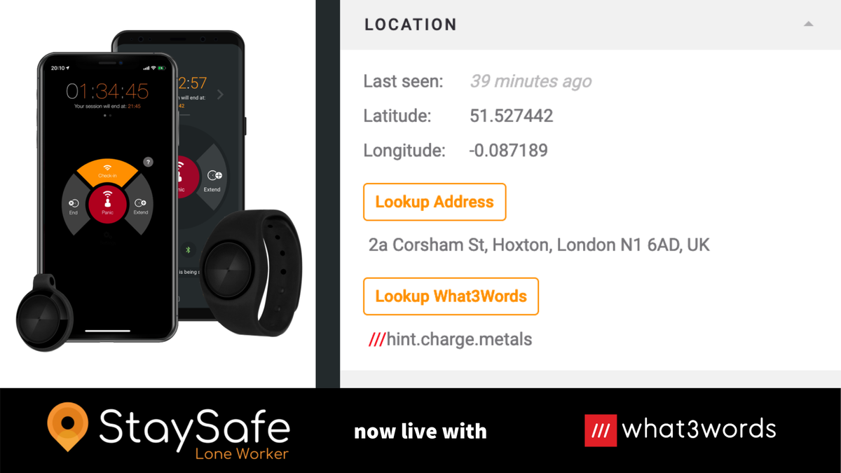 Screen grab of stay safe app showing what3words address
