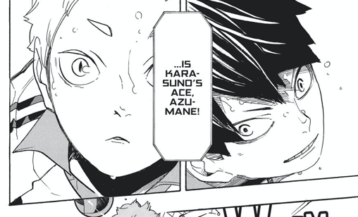 I love love love how the speech bubble announcing Asahi is framed between Yaku's concentration and Kageyama's excitement. It declares loudly for whom these expressions are for in the simplest of way.