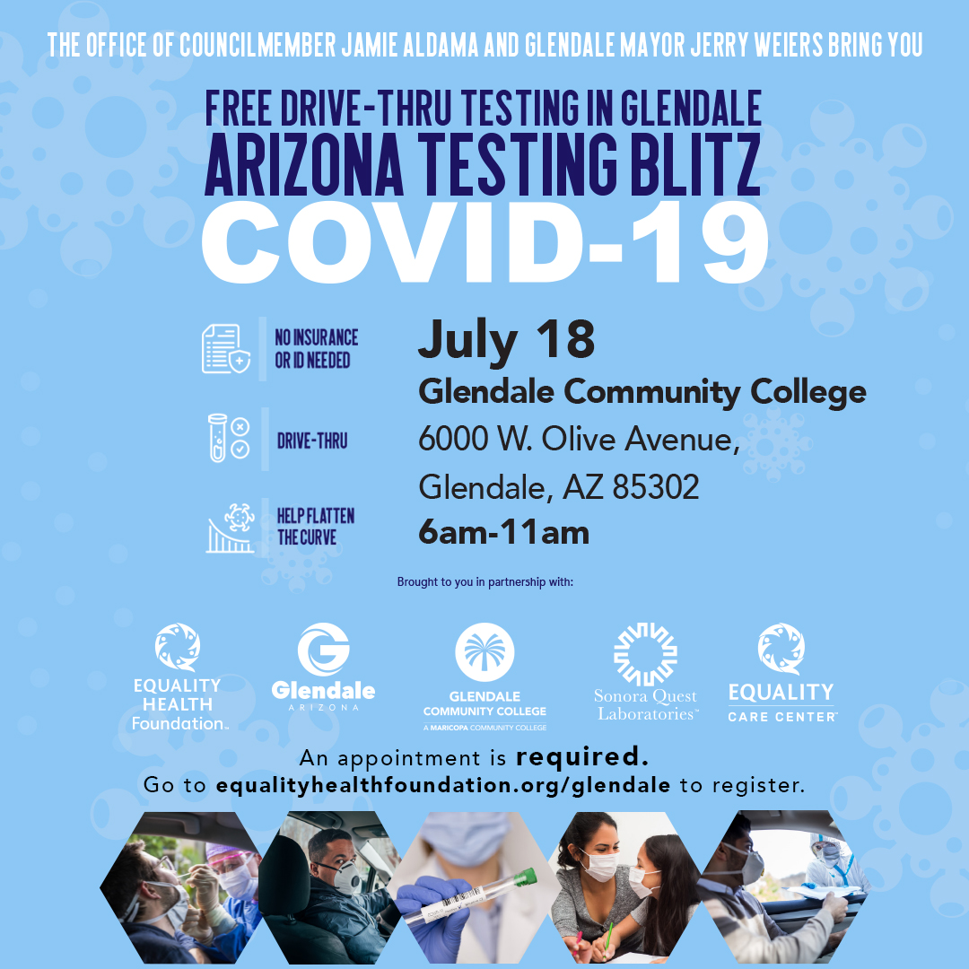 EqualityHealth's tweet photo. If you are a #Glendale resident, get tested for #COVID19 for FREE this Sat., July 18 at @gccaz from the comfort of your car. An apt is required. Let’s work together to keep our community safe and #StopTheSpread. Register here: https://t.co/X7pnt4nSYp #MaskUpAZ #AZTestingBlitz https://t.co/ULHfAeMftU