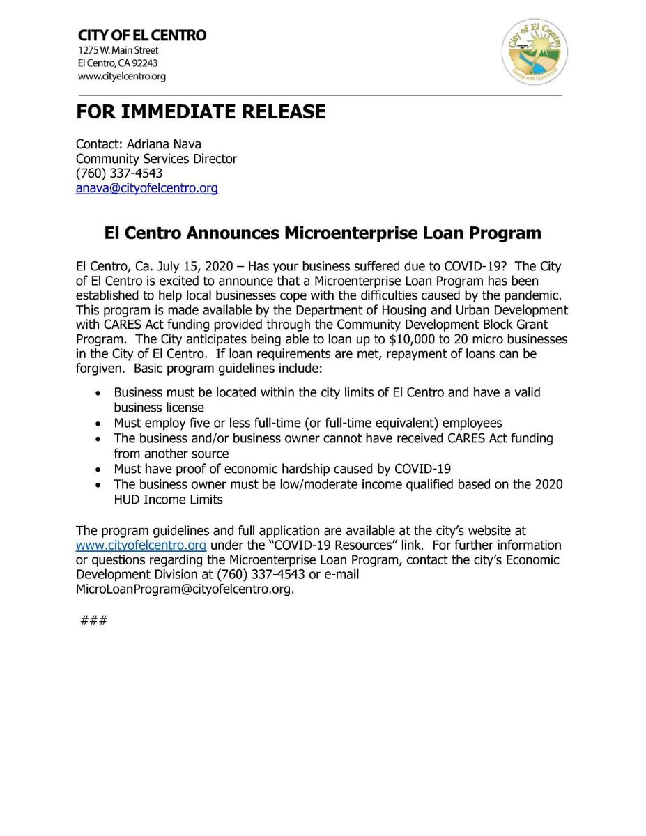 CityofElCentro's tweet photo. FOR IMMEDIATE RELEASE

El Centro Announces Microenterprise Loan Program 

#WeAreElCentro #ElCentroStrong #COVID19 #Microbusiness https://t.co/Uw5rM32Y5h