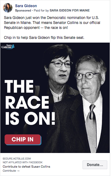 GetBoosterCo's tweet photo. @SaraGideon team was up with ads immediately after her primary victory last night smartly aligning her campaign with the ability to #flipthesenate. Great work @mayabentley &amp; team. This ads up in 36 states. #MoscowMitch https://t.co/ExX5tjTiTB