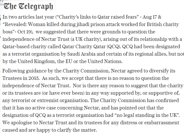 The  @Telegraph falsely alleged Nectar Trust, a UK charity run by Muslims, was linked to terrorismThe paper have now acknowledged this was a lie, apologised & been forced to pay damagesIs suing papers for lying about Muslims the best way to stop this stream of Islamophobia?