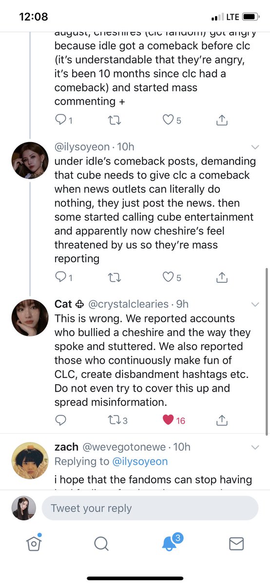 another example of people brushing off the bullying despite us having all of the evidence. the people asking for clc in the main tweet aren't even cheshires or known in the fandom, but us reporting bullies and people being hatefu/ableist is because we are "threatened" apparently
