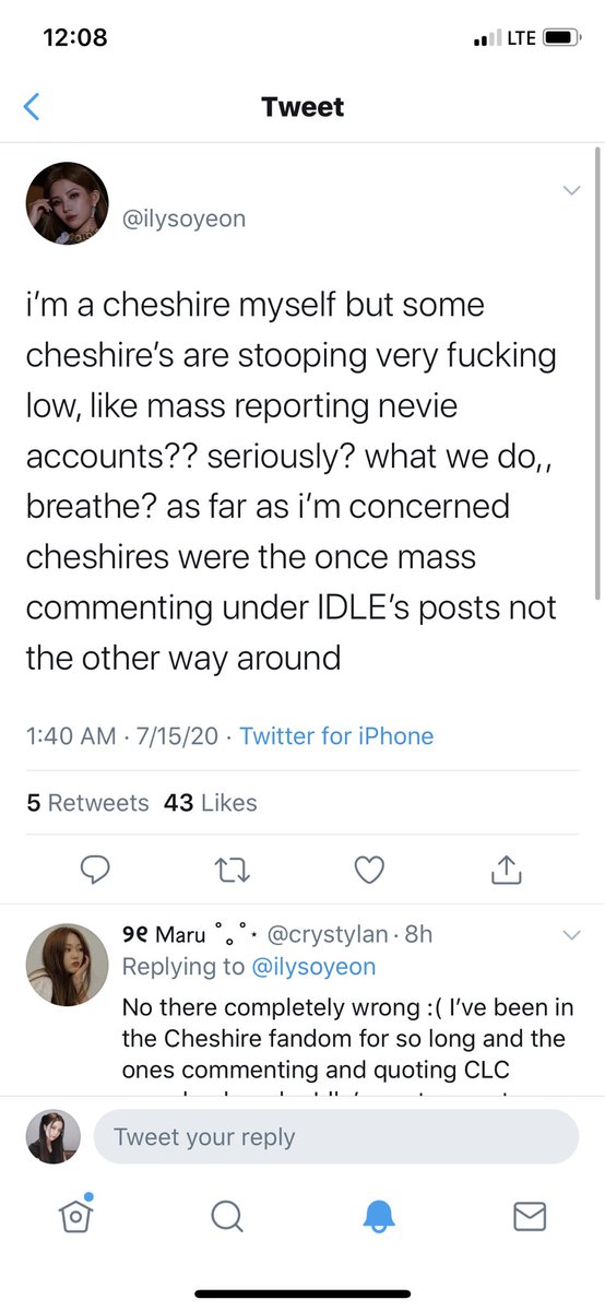 another example of people brushing off the bullying despite us having all of the evidence. the people asking for clc in the main tweet aren't even cheshires or known in the fandom, but us reporting bullies and people being hatefu/ableist is because we are "threatened" apparently