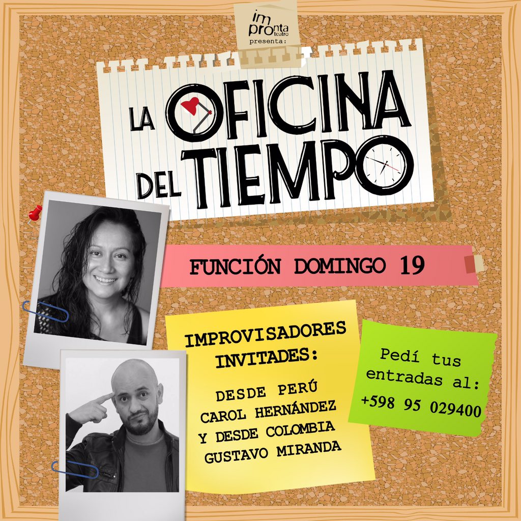 Este domingo 20:30 hs. es la segunda función vía Zoom de La Oficina del Tiempo. Con Carol Hernández 🇵🇪 y Gustavo Miranda 🇨🇴 como improvisadores invitades! 
🕰 20:30 hs.
🎟 Pedinos tu entrada! El 100% de lo recaudado será donado a la ONG Acción Social 1ero de Mayo.