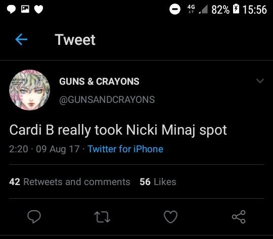 Cardi came out with bodak yellow. It was cool and everything was fine until bodak yellow was top ten on billboard. People started comparing cardi to Nicki Minaj, bodak yellow to superbass, some said she was taking Nicki's spot, she took her spot, she was better than her