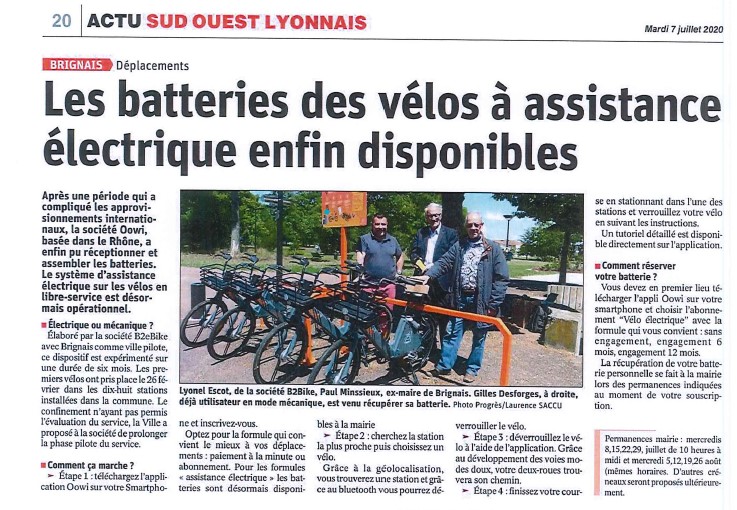 B2ebike lance OOWI à Brignais, et invente le Smart-Floating®: solution de vélos hybrides en libre-service organisé qui offre une alternative au Free-Floating !
Les batteries des vélos sont disponibles à la Mairie de Brignais après avoir été retardé par le COVID 19