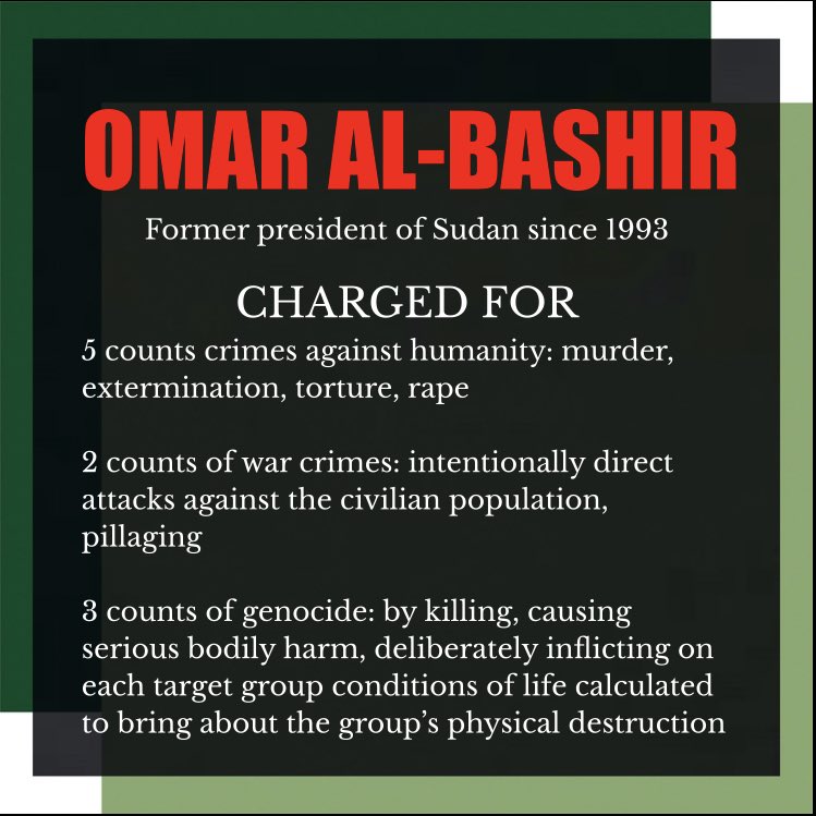 BashirWatch's tweet photo. Omar al-Bashir, the former president of Sudan, is responsible for COUNTLESS deaths in Sudan and has yet to face justice.
Don’t let Bashir get away with murder. He must be sent to The Hague. Please share and help us in our fight for justice. 
#justicefordarfur #bashir #Sudan https://t.co/yaVJLAbSVG