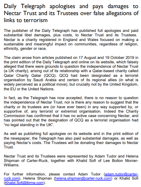 Nectar Trust & its Trustees were represented by Adam Tudor and Helena Shipman of Carter-Ruck, together with Khalid Sofi of Lee Bolton Monier Williams. Thank you for your work!The press release is here.