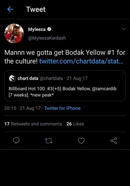 The #1 was bought. Remember the bodak yellow to #1 for the culture campaign? Yeah me too. Radio stations were playing that song 1000x a day, sms's were sent to every1 begging people to buy & stream the song. Radio personalities tweeting and posting begging people