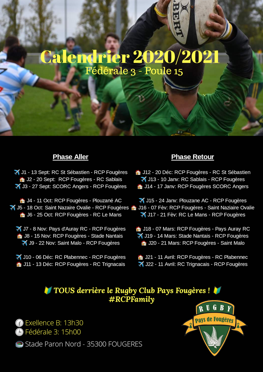 RCPFougeres's tweet photo. 🏉🔥🔰 Calendrier officiels des matchs de Fédérale 3 pour la saison 2020/2021 🔰🔥🏉
🔝 Entrée Gratuite pour les matchs à Fougères ! 😍👌
📅 Donc tous à vos agendas pour remplir le stade en Jaune et Vert !! 💛💚
#parcequefougeres #RugbyBZH #Federale3 #RCPFamily https://t.co/AreZg3fhtR