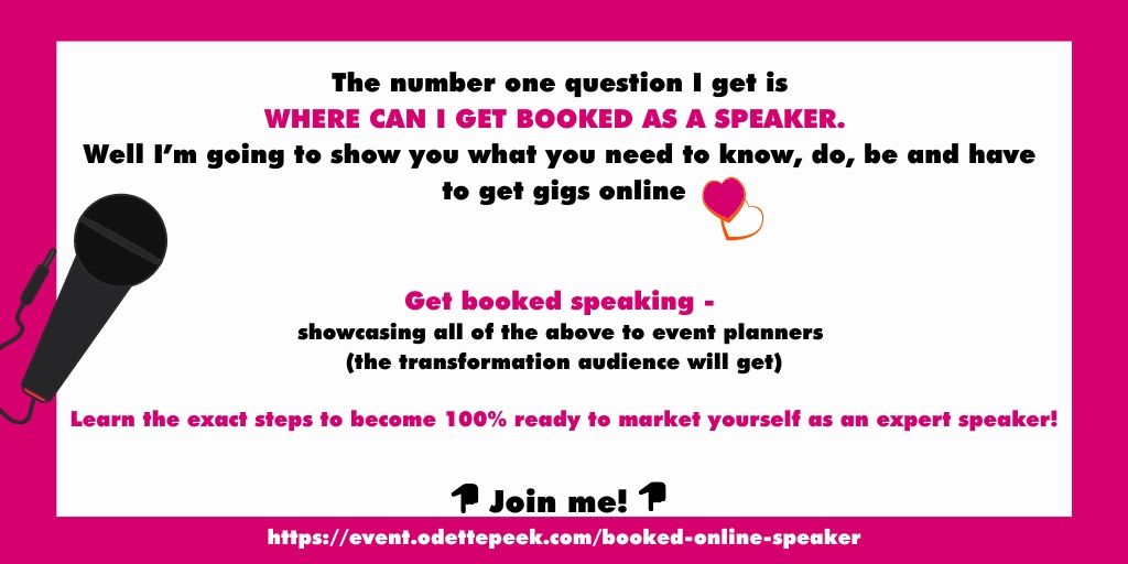 odettepeek's tweet photo. The number one question I get is WHERE CAN I GET BOOKED AS A SPEAKER.  Well I’m going to show you what you need to know, do, be and have to get gigs online 💞 

Join me!👇 👇👇
https://t.co/efGJ7gaxSF https://t.co/ibsHUi7xgp