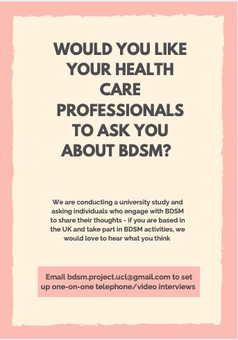 BeareKayla's tweet photo. We’re looking to interview people who take part in BDSM activities to hear their thoughts on how their health care professionals can best provide care. Contact if you’re interested, or share with your friends who may be interested! @masterroughhand @UKLeatherArch @juliavbailey https://t.co/4e6RQVHrQf