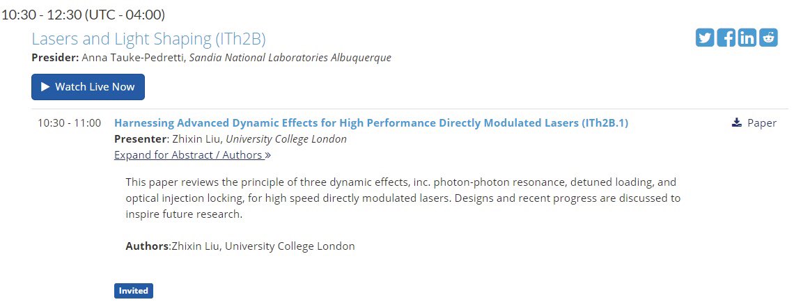 OK, I am going to talk about dynamic effects that benefit directly modulated lasers in the OSA Advanced Photonics Congress. #OSAPhotonics20 I will try to do it LIVE! Special thanks give to all the tolerant laser experts who did not get mad working with me😂