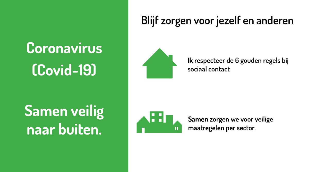 ❗️Covid-19 is nog steeds aanwezig in België. Laten we verantwoordelijk blijven en solidariteit tonen. Respecteer de 6 gouden regels om een terugkeer naar versterkte maatregelen te voorkomen. Ons gedrag van vandaag zal de curve en de maatregelen van morgen bepalen... niet andersom