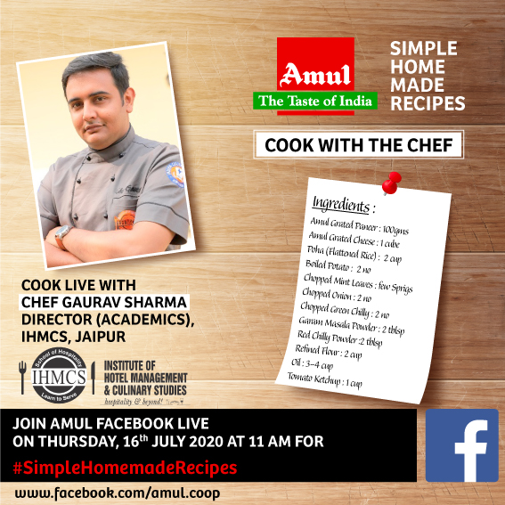 Amul_Coop's tweet photo. Watch 100 chefs jointly prepare a dish with Chef Gaurav SharmaDirector - Academics, IHMCS Jaipur on #Amul Facebook page, Live at 11:00 AM on 16th July 2020.
#CookWithTheChef
https://t.co/ubzm0KvcbO https://t.co/RjToc3qYqQ