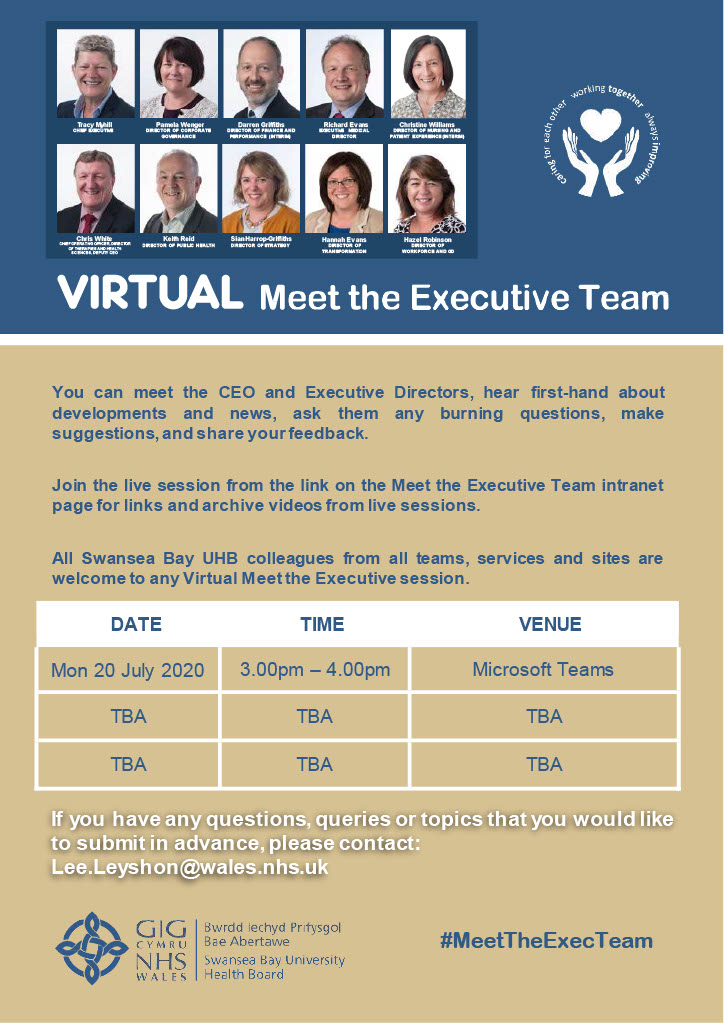 Tracy_Myhill's tweet photo. A reminder that our virtual #MeetTheExecTeam staff engagement session on MS Teams is taking place today from 3-4pm.  Please join us using the link on the intranet and send in any questions in advance or use the chat bar. https://t.co/tvA65YUJRh
