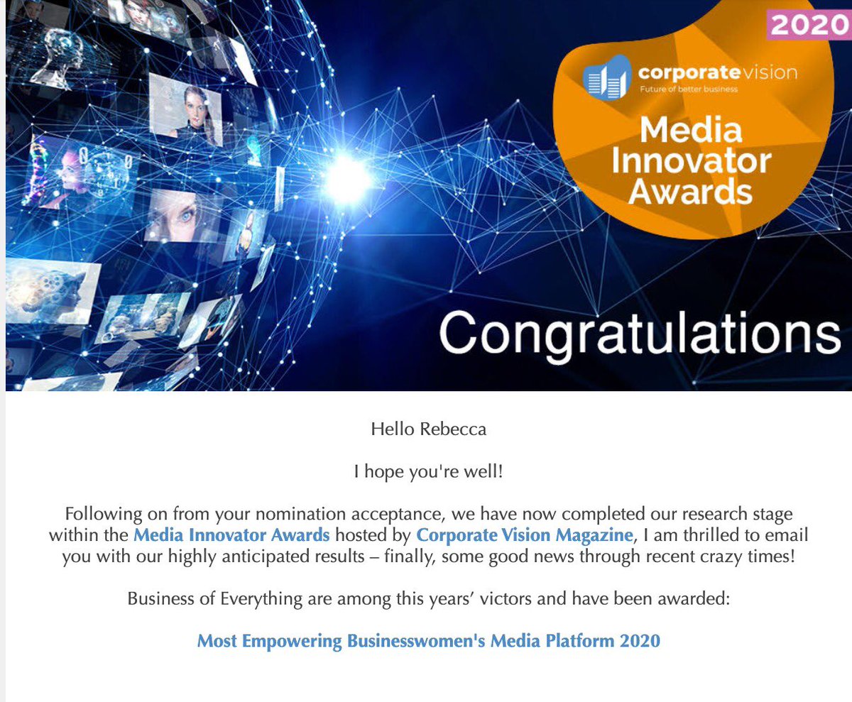 VERY proud to have won the award for Most Empowering Businesswomen’s Media Platform in the <a href="/Corp_Vision/">Corporate Vision</a> #MediaInnovatorAwards 🔥 We’re so passionate about shining a light on strong females in business so this is really special 🏆#femaleempowerment #WomeninBusiness