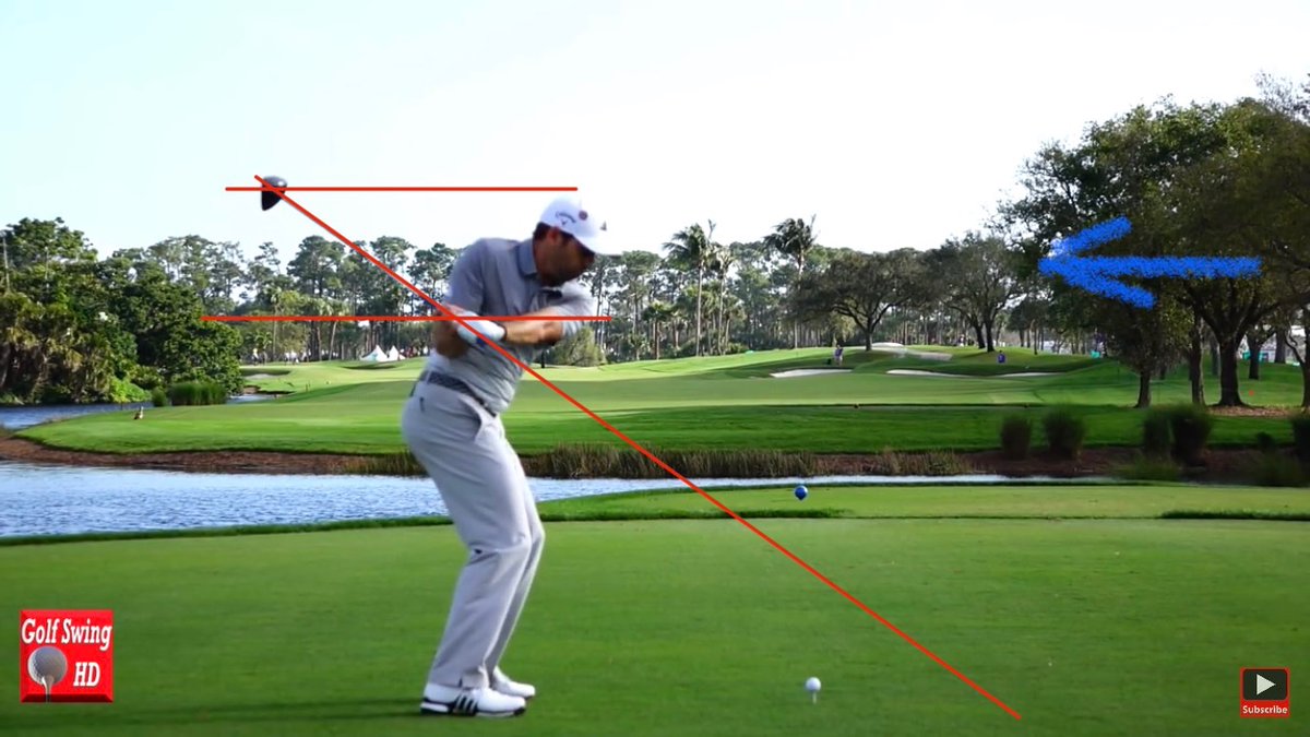 Sergio DTLNotice the very squished vertical space between hands and club head and very flat shaft plane.Also his hands are quite deep, back of lead hand up at the sky (internal rotation)Imagine looking from the blue arrow.