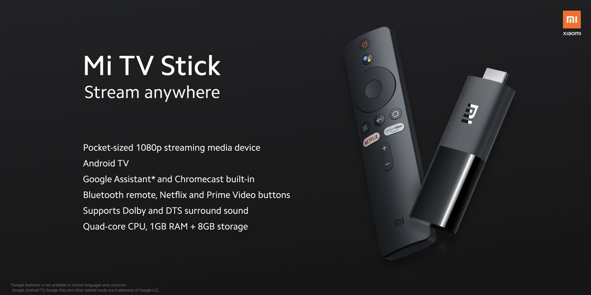 Mrtechauditor's tweet photo. #MiTVStick officially announced
Upto 1080p 
1GB RAM
8GB storage
Google Assistant
ChromeCast built in
Support Dolby Audio &amp; DTS sound
Price: €40 ($46/₹3500)

#Xiaomi #Redmi #SmartTVStick #Tech #TechNews #Technology #TechnologyNews https://t.co/38LZMJAMrK
