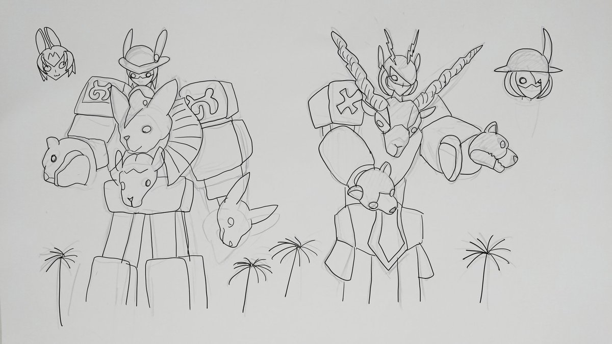 さとし工房 けものフレンズ けものフレンズ3 けもふれ3 パロディ スーパー戦隊 けものフレンズで戦隊ロボを描いてみた 巨大化セルリアンを倒す為にフレンズたちが巨大化して合体するという妄想を絵にした隊長さん ジャパリキング 左 とジャパリ