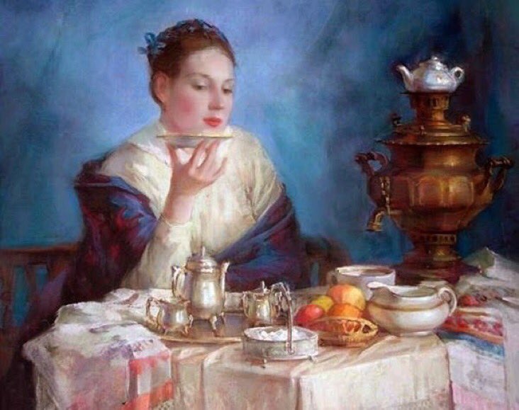 🎨 Russian Polina Luchanova. Contemporary figurative painter. Saint Petersburg School. The tea -and russian samovar-
