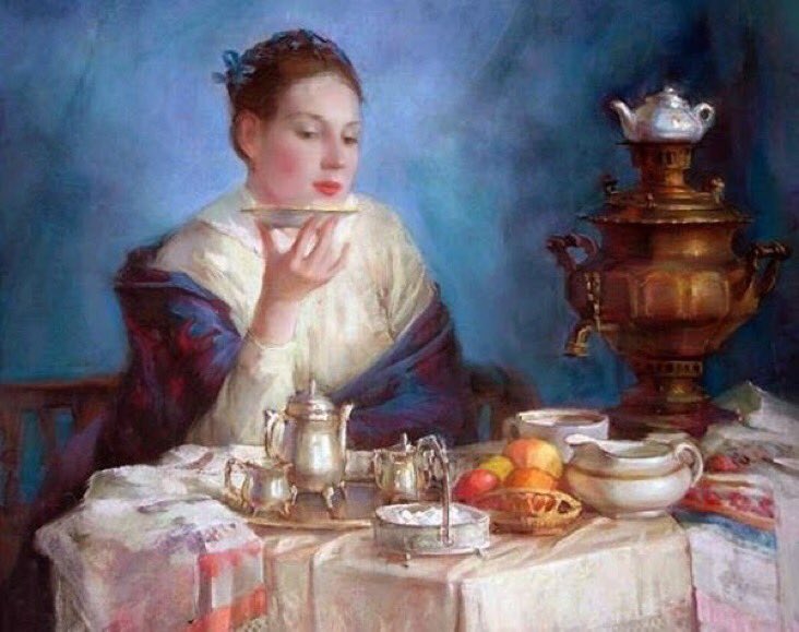 🎨 Russian Polina Luchanova.
Contemporary figurative painter.
Saint Petersburg School. 

The tea -and russian samovar-