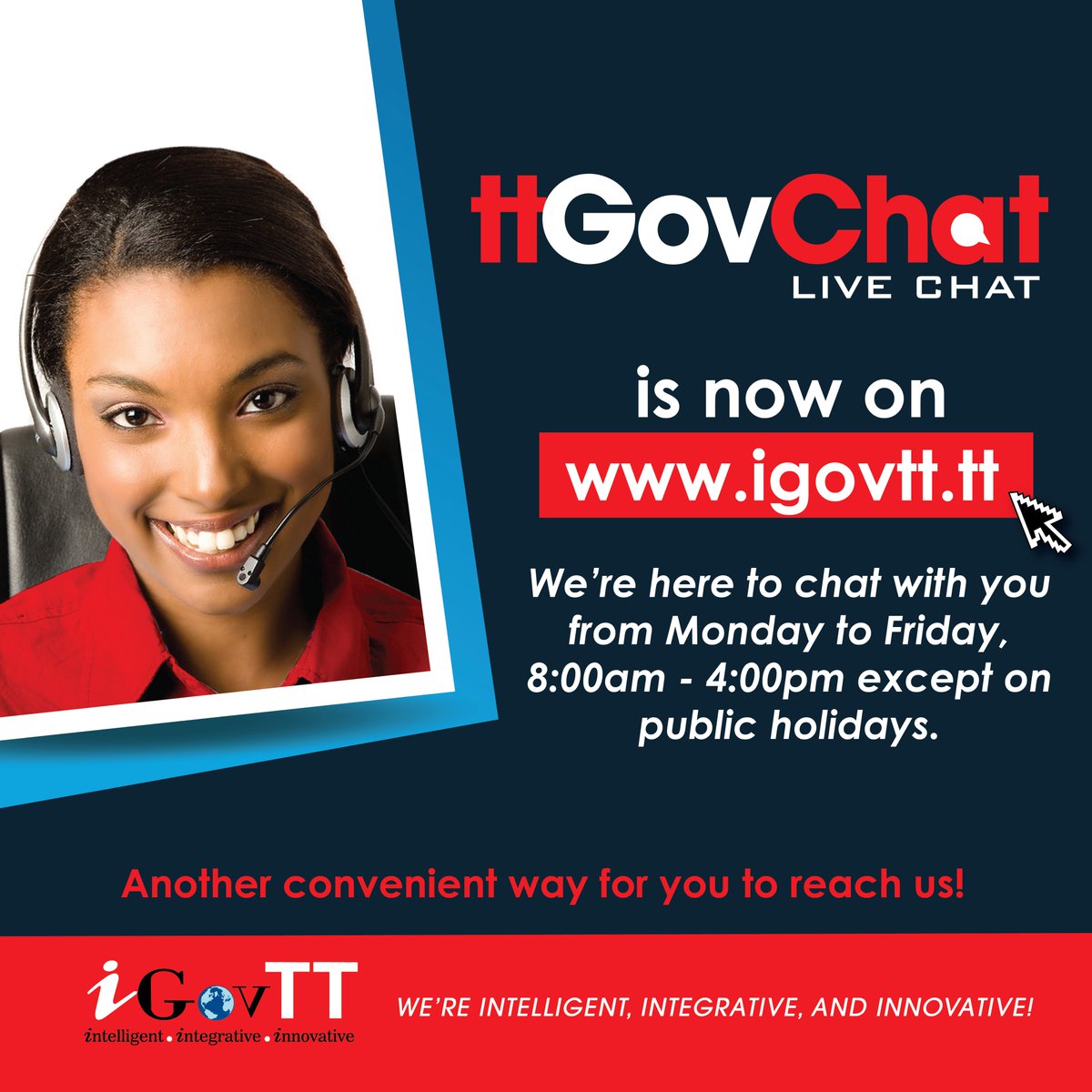 iGovTT's tweet photo. NOW LIVE!

The ttGovChat Live Chat feature is now live on https://t.co/wkQw9IQGMB! https://t.co/uWgPl2v6Eu