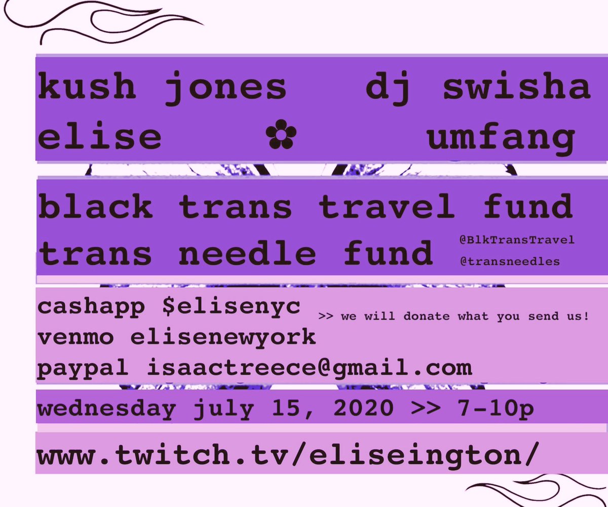 Raising funds tonight for <a href="/BlkTransTravel/">Black Trans Travel Fund</a> and <a href="/transneedles/">Trans Needle Exchange</a>. They provide much needed resources to Black trans people. Black Lives Matter. Black Trans Lives Matter. Tune in to some great music and donate. s/o <a href="/UMFANG/">oom</a> @elise1111111 <a href="/djswisha_/">DJ SWISHA</a> 🖤