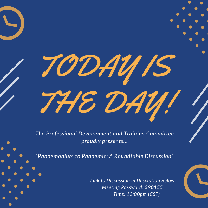 UMRACUHO's tweet photo. Join us at noon for our “Pandemonium to Pandemic” Roundtable discussion! 

Join the discussion at  https://t.co/mMjYopCQDE?… 
 
The meeting password is 390155.

Hope to see you there! #UMRACUHO #UMRPD&amp;T #UMRChat https://t.co/wsS78X9oY7