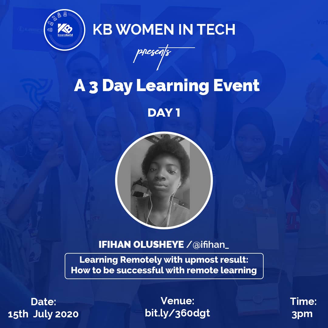 adeolaleye_'s tweet photo. Learning is now 75% remote, yet its mostly difficult to get the learning right.
Here comes the time to discuss solutions to learning remotely and becoming successful with it.
Join @ifihan_, a self taught backend developer by 3pm.
@ https://t.co/G3lKRnpksZ
#KBWT #womenintech https://t.co/BcwvhnAZyN