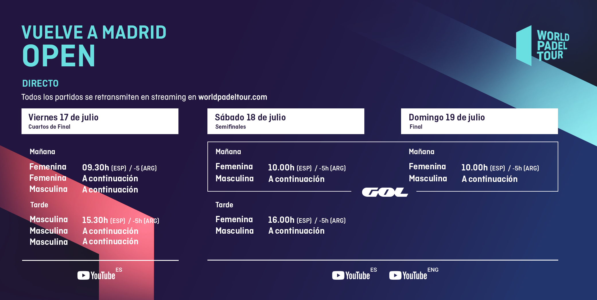 Los horarios de emisión del Vuelve A Madrid Open. | Foto: World Padel Tour