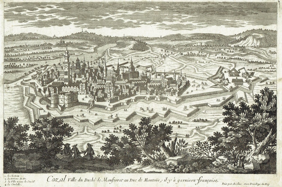 La veduta a volo d’uccello di #Casale #Monferrato, animata in primo piano da viandanti nel bel paesaggio agreste, incisa all'#acquaforte da Pierre Aveline nel 1710. Una delle più raffinate rappresentazioni della città piemontese.