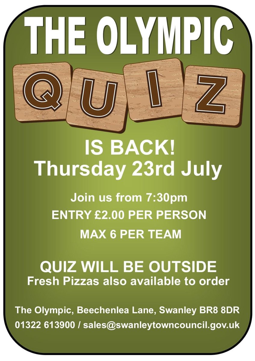 Thursday 23rd July our quiz night returns! 

Join us from 7:30pm onwards....our bar will be open and food is available to order!

We look forward to seeing you all! #NoCheatingAllowed