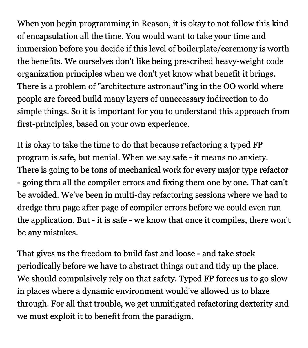 jasim_ab's tweet photo. Playing fast and loose with Reason/OCaml. 

Don't encapsulate, don't abstract. Just get it to work, and keep piling tech debt, and maybe, one day, and that day may never come, you can call upon the static type system to do a service for you: https://t.co/G0hLvw75D8