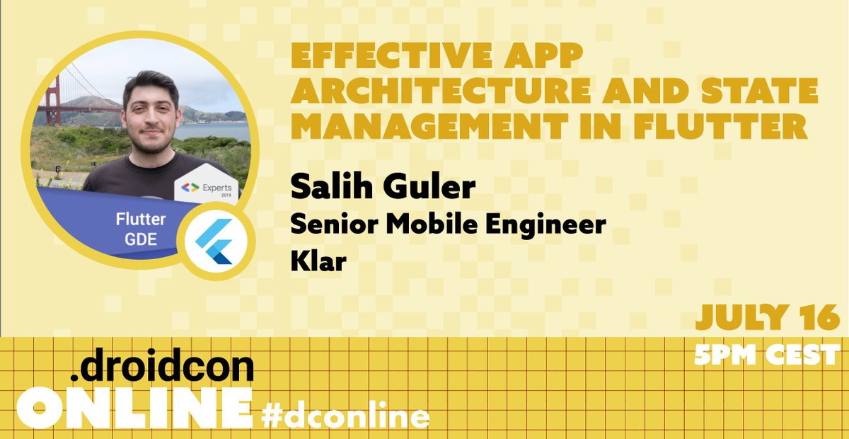 droidcon's tweet photo. Don't miss out on tomorrow's #dconline #webinar! @remonh87 &amp; @salihgueler will be presenting on the #Flutter #Add2App approach and how to use the #StateManagement options. The webinar kicks off at 5 pm CEST - You can still register for free right here: https://t.co/aHGX1YYVFo https://t.co/90XdhKHZ8P